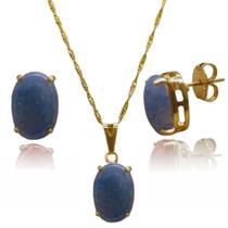 Conjunto de Colar e Brinco Gota - Pedra Quartzo Azul