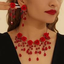 Conjunto De Colar E Brincos Com Pingente De Cristal Rosa Vermelha E Franjas, Joias Elegantes Vintage