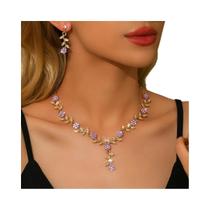 Conjunto De Colar E Brincos Feminino Com Cristais E Folhas Em V, Joias Para Festas E Eventos Conjunto De Colar E Brincos Feminino Com Cristais E Folhas Em V, Joias Para Festas E Eventos
