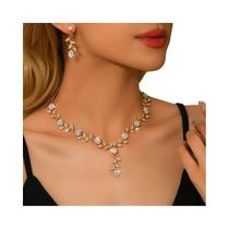 Conjunto De Colar E Brincos Feminino Com Cristais E Folhas Em V, Joias Para Festas E Eventos Conjunto De Colar E Brincos Feminino Com Cristais E Folhas Em V, Joias Para Festas E Eventos