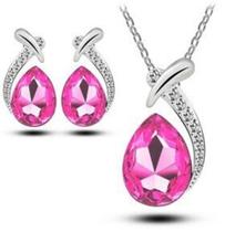 Conjunto De Colar E Brincos Formato de Gota com Pingente Cor Prata com Pink