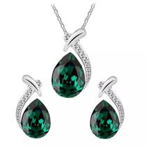 Conjunto De Colar E Brincos Formato de Gota com Pingente Cor Prata com Verde Conjunto De Colar E Brincos Formato de Gota com Pingente Cor Prata com Verde