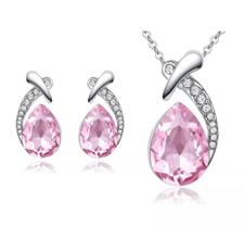 Conjunto De Colar E Brincos Formato de Gota com Pingente Cor Prata Rosa Claro