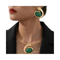 Conjunto De Colar E Brincos Geométricos Espirais Verdes Retrô De Metal Para Mulheres - Joias De Conjunto De Colar E Brincos Geométricos Espirais Verdes Retrô De Metal Para Mulheres - Joias De