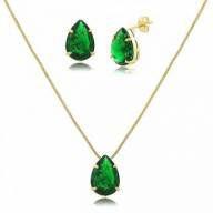 Conjunto de colar e brincos Gota de Pedra Fusion verde Esmeralda Folheado a Ouro 18K