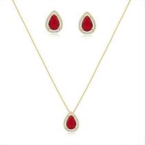 Conjunto de colar e brincos gota luxo cravejado de zircônias vermelho rubi folheado a ouro 18k