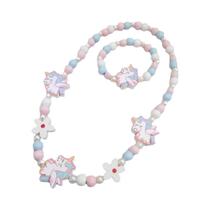 Conjunto De Colar E Pulseira De Madeira Colorida Com Flor De Unicórnio Para Meninas, Joias Infantis,