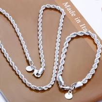 Conjunto de Colar e Pulseira de Prata 4mm - Torcido e Cordão - Para Homens e Mulheres Conjunto de Colar e Pulseira de Prata 4mm - Torcido e Cordão - Para Homens e Mulheres