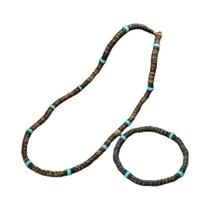 Conjunto De Colar E Pulseira Masculina De Contas De Madeira Natural E Concha De Coco 50cm Joias