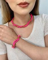 Conjunto de Colar e Pulseira tripla modelo trançado folheado a ouro