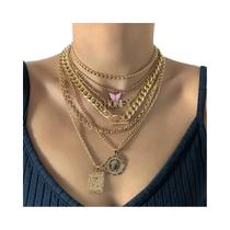 Conjunto De Colar Feminino Vintage Punk Com Pingente De Borboleta E Flor Rosa, Corrente OT Com