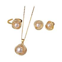 Conjunto De Colar Vintage Elegante Com Strass E Pérolas Falsas Com Brincos E Anel 4 Peças