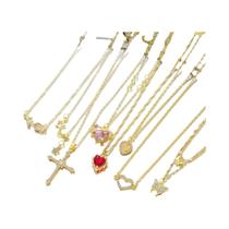 Conjunto De Colares Com Pingentes De Borboleta, Cruz, Rosa, Coração E Estrela Em Cristal Dourado