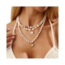 Conjunto De Colares Femininos Boho Com Pingente De Pérola, Concha E Estrela-do-mar, 3 Peças, Joias