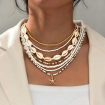 Conjunto De Colares Multicamadas Com Pérolas De Arroz, Conchas E Estrelas-do-mar Brancas Estilo Boho