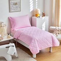 Conjunto de colcha de cama acolchoado rosa para crianças 4 peças Conjunto de colchas de cama de cama de criança inclui colcha de tamanho de criança, lençol plano, lençol embutido e fronha de travesseiro