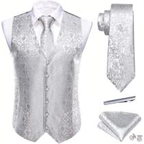 Conjunto de colete Barry.Wang Silver Grey Flower para homens, casamento, 5 peças