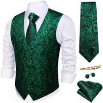 Conjunto de colete e gravata Barry.Wang masculino em seda verde esmeralda