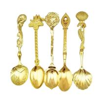 Conjunto De Colheres E Garfos Vintage Retro Em Ouro Esculpido 5 Peças Estilo Real Para Café E Chá