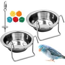 Conjunto de comedouros de pássaros: pratos de aço inoxidável para pássaros com gancho