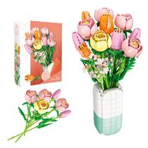 Conjunto de construção de buquê de flores Nayihoop Tulips Rose com vaso