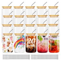 Conjunto de copos de bebida ASKIZ Copos de vidro com tampas de bambu 480 mL x 20 Conjunto de copos de bebida ASKIZ Copos de vidro com tampas de bambu 480 mL x 20