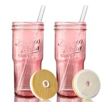 Conjunto de copos de vidro ANOTION, copo rosa de 700 ml com tampa e canudo x2 Conjunto de copos de vidro ANOTION, copo rosa de 700 ml com tampa e canudo x2