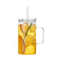 Conjunto De Copos De Vidro Canelado De 740ml Com Alça, Tampa E Canudos Reutilizáveis Para Café