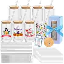 Conjunto de Copos de Vidro MAFYE 16oz para Sublimação com Tampa de Bambu 8 Unidades