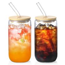 Conjunto de Copos de Vidro NETANY com Tampas e Canudos de Bambu 500ml x2