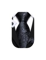 Conjunto de Corbata Barry.Wang con Gemelos y Pañuelo de Seda Negra Tejida