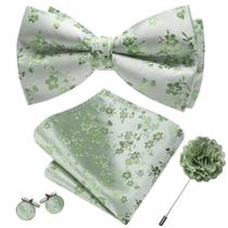 Conjunto de Corbatín Barry.Wang Floral Verde Salvia en Seda 13,5x7,5 cm