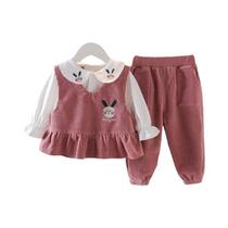 Conjunto De Corduroy Para Meninas Com Bordado De Coelho, Colete Com Renda, Blusa Com Gola De Boneca Conjunto De Corduroy Para Meninas Com Bordado De Coelho, Colete Com Renda, Blusa Com Gola De Boneca