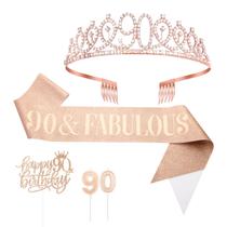 Conjunto de coroa e faixa de aniversário LUTER 90th Birthday para meninas Conjunto de coroa e faixa de aniversário LUTER 90th Birthday para meninas