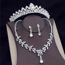 Conjunto de coroa mais brincos colar, cor prata, noivas e debutantes