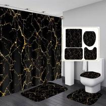 Conjunto de cortinas de chuveiro AZHM em mármore preto e dourado com tapetes, 4 peças