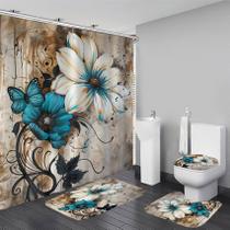 Conjunto de cortinas de chuveiro AZHM, flores artísticas brancas e azuis, 4 unidades