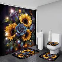 Conjunto de cortinas de chuveiro AZHM Girassol e Rosa com tapetes e ganchos