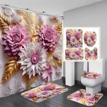Conjunto de cortinas de chuveiro Chrainy 3D floral rosa e branco com tapetes