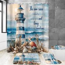 Conjunto de cortinas de chuveiro Chrainy Nautical Lighthouse, 4 unidades com tapetes