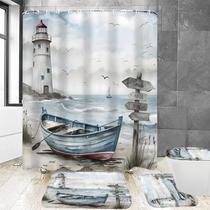 Conjunto de cortinas de chuveiro Chrainy Nautical Lighthouse, 4 unidades com tapetes