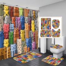 Conjunto de cortinas de chuveiro Colorido Cartoon Cat com tapetes e tampa