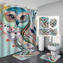 Conjunto de cortinas de chuveiro, coruja colorida com tapetes e tampa de vaso sanitário Conjunto de cortinas de chuveiro, coruja colorida com tapetes e tampa de vaso sanitário