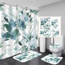 Conjunto de cortinas de chuveiro FZDHHY Green Leaves Flower com tapetes, 4 unidades Conjunto de cortinas de chuveiro FZDHHY Green Leaves Flower com tapetes, 4 unidades