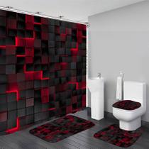 Conjunto de cortinas de chuveiro LQCOOL 3D Cubes pretas com tapetes vermelhos, 4 unidades Conjunto de cortinas de chuveiro LQCOOL 3D Cubes pretas com tapetes vermelhos, 4 unidades