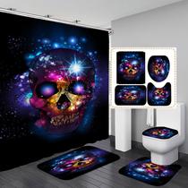 Conjunto de cortinas de chuveiro Neon Skull Cosmic Bathroom Decor de 4 peças