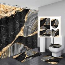 Conjunto de cortinas de chuveiro Nkzply Black Marble com tapetes para banheiro