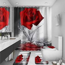 Conjunto de cortinas de chuveiro Omebero Red Rose com tapetes, tampa de vaso sanitário, tapete de banho