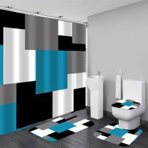 Conjunto de cortinas de chuveiro para banheiro Yizheer Geometric Blue com tapetes Conjunto de cortinas de chuveiro para banheiro Yizheer Geometric Blue com tapetes