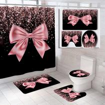 Conjunto de cortinas de chuveiro Pink Bow Glitter com tapete de banho e tapetes